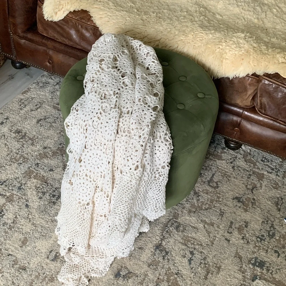 Vintage Hand Crochet Lace Bedspread Coverlet Afghan table cover blanket‎ cream